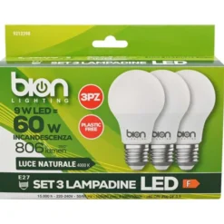 Bion Set 3 lampadine goccia, 9w e27, luce naturale