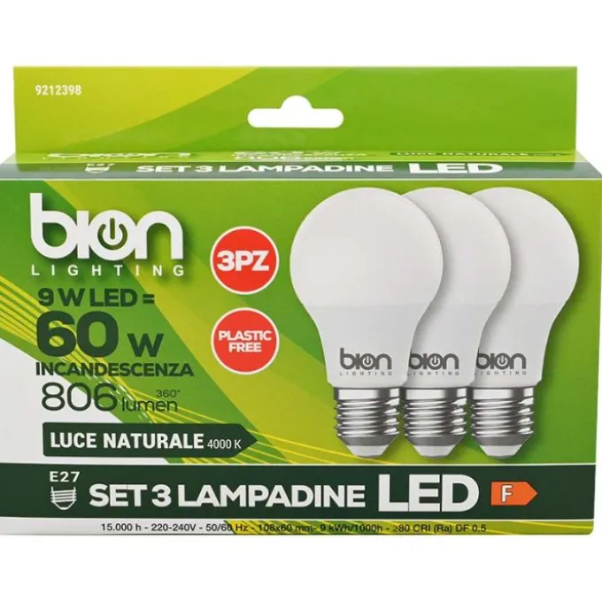 Bion Set 3 lampadine goccia, 9w e27, luce naturale