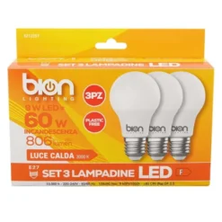 Bion Set 3 lampadine goccia, 9w e27, luce calda
