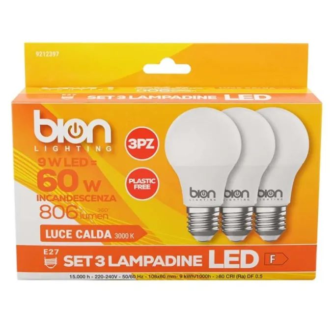 Bion Set 3 lampadine goccia, 9w e27, luce calda