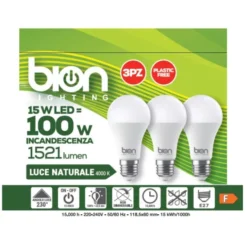 Bion Set 3 lampadine led a goccia 15 watt, resa 100 watt massima luminosita, attacco e27, luce naturale