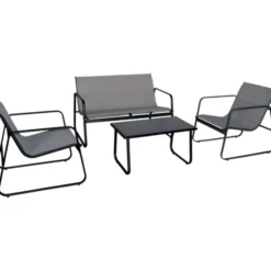 Gardenia Set sofa', in acciaio e textilene, divano, 2 poltrone, tavolino, grigio chiaro