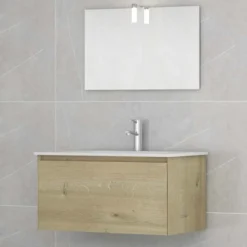 Idrak Mobile bagno modello mete 80 con specchiera completa di luce, rovere chiaro