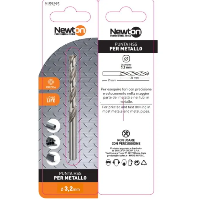 Mayota Punta trapano per ferro hss rettificata, Ø 3,2 mm x 65 mm